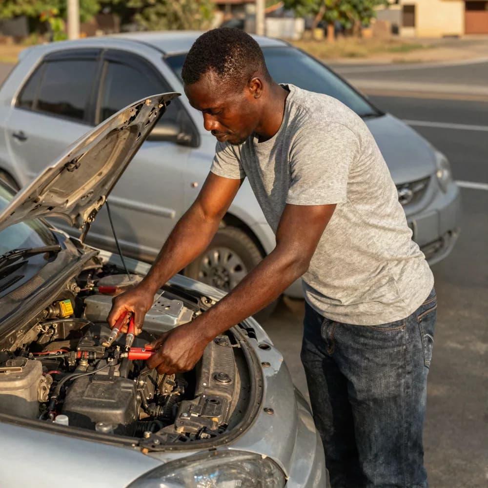 Jumper cables being clamped to a car battery at the roadside